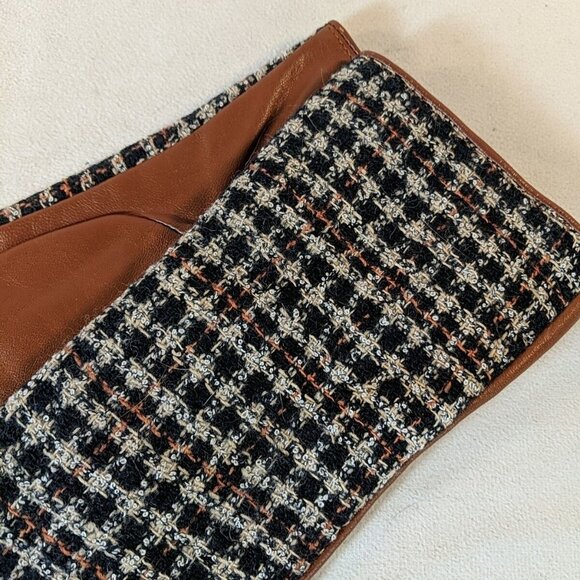 Kenneth Cole Leather Wool Gloves Brown Plaid Tweed Black Women's M Medium Lined - Picture 2 of 10